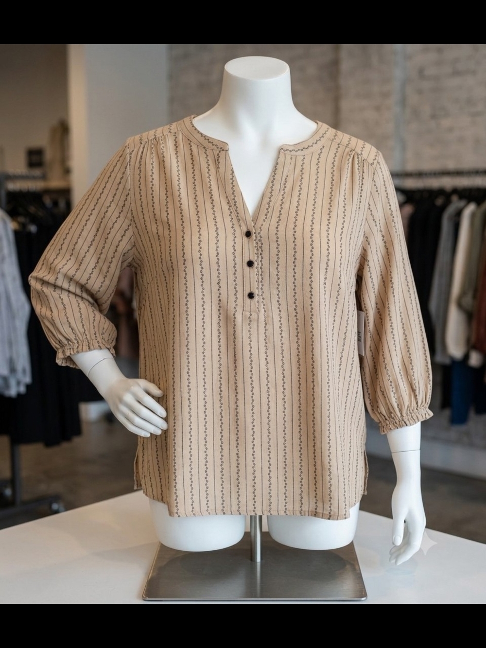 Beige Flower Striped Split-Neck Women's Blouse